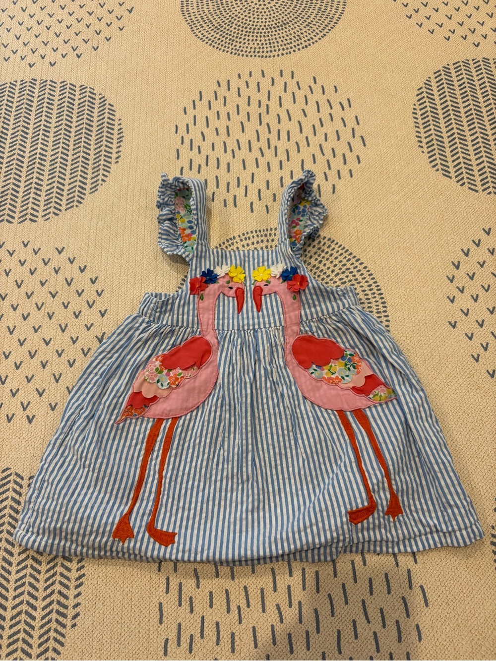 Mini Boden Blue and Pink Flamingo Appliqué Striped Sundress